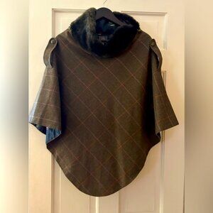 British Joules Hazelwood Wool Brown Tweed Faux Fur Cape Poncho Excellent OS